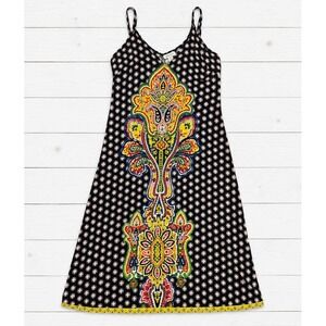Magic Paisley Medallion Spaghetti Strap Smocked Back Rayon Dress Black Large